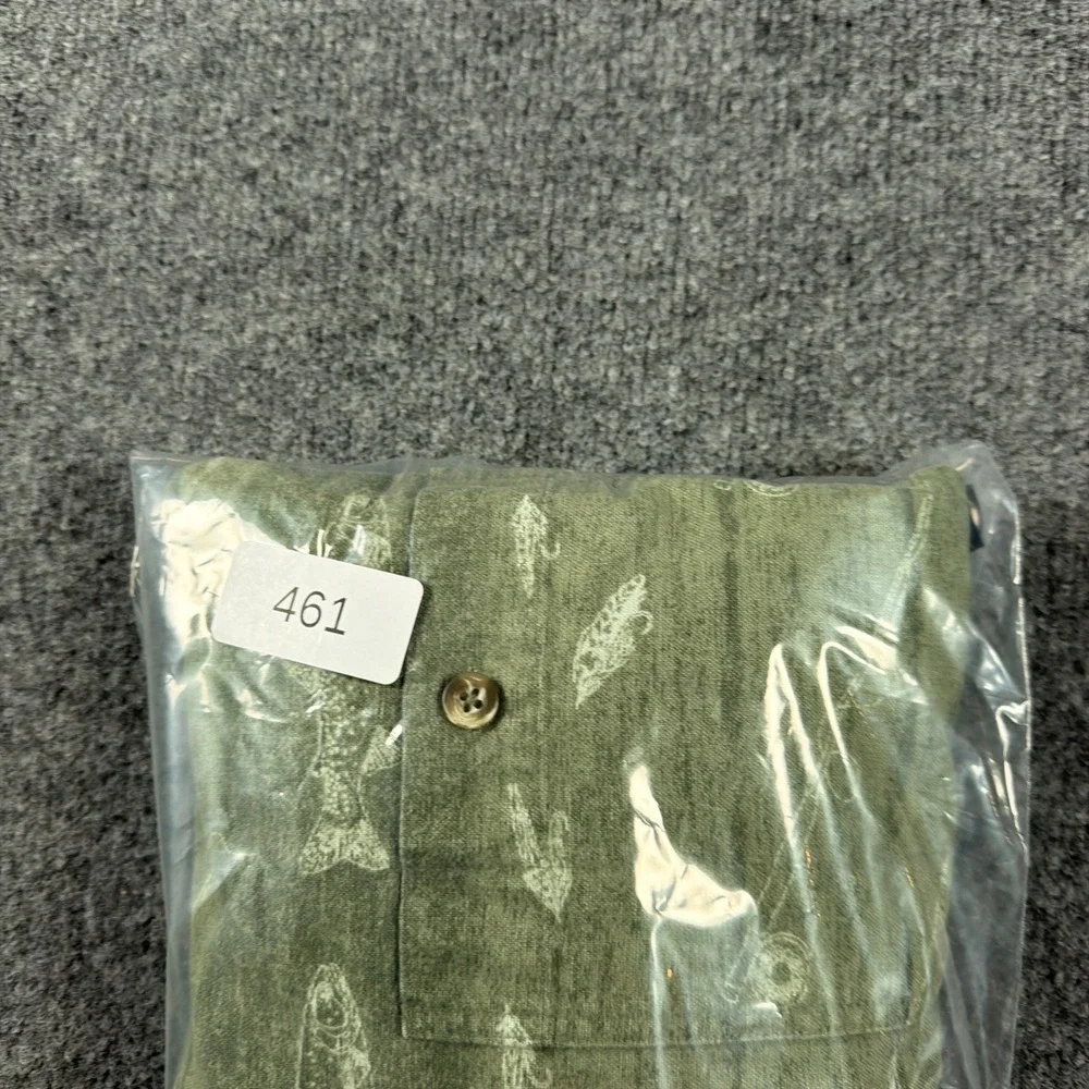 Cabelas Fishing Shirt Green Trout Fly Rod Mens XL Cotton Button Up Made in Peru